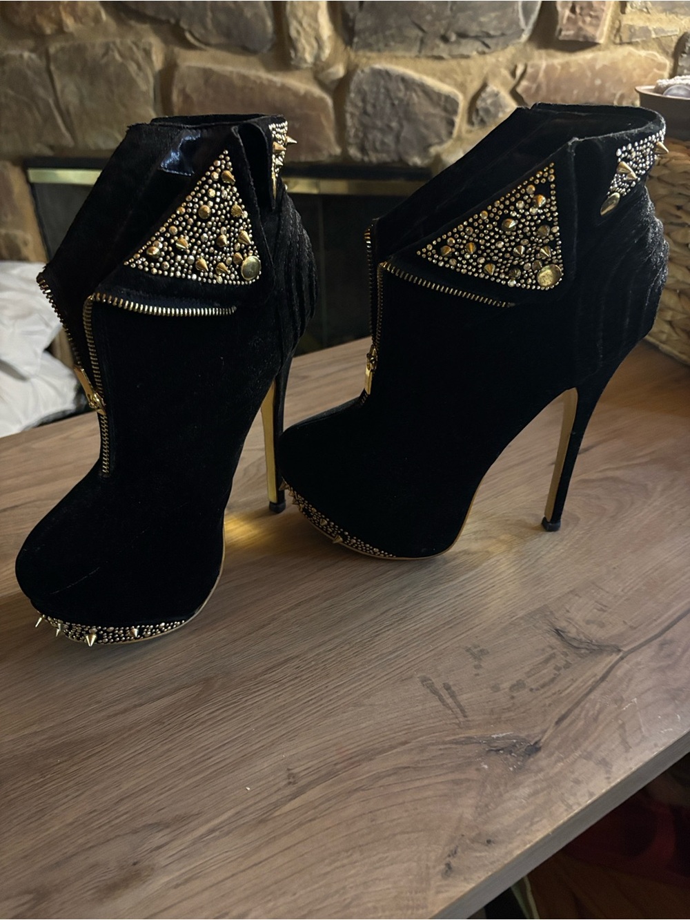 Alba Black Velvet Studded Platform Ankle Boots with Gold Accents